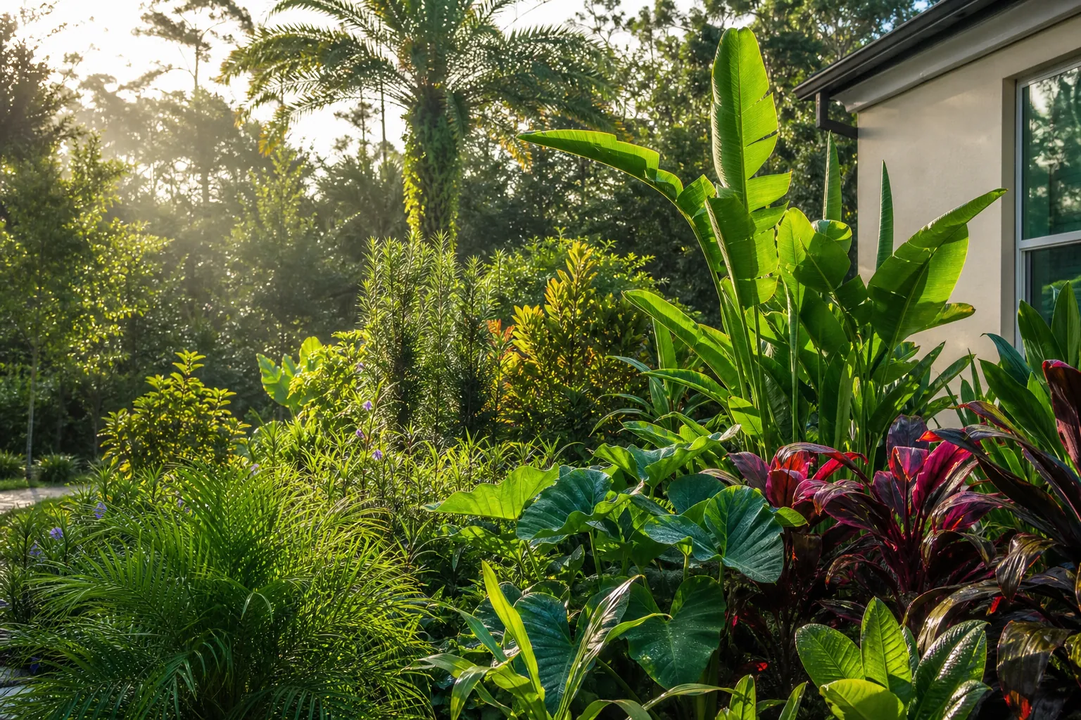 Tropical Florida Garden in Morning Sun (2) Lush tropical plants with broad green and red leaves beside a Florida home in warm morning sunlight