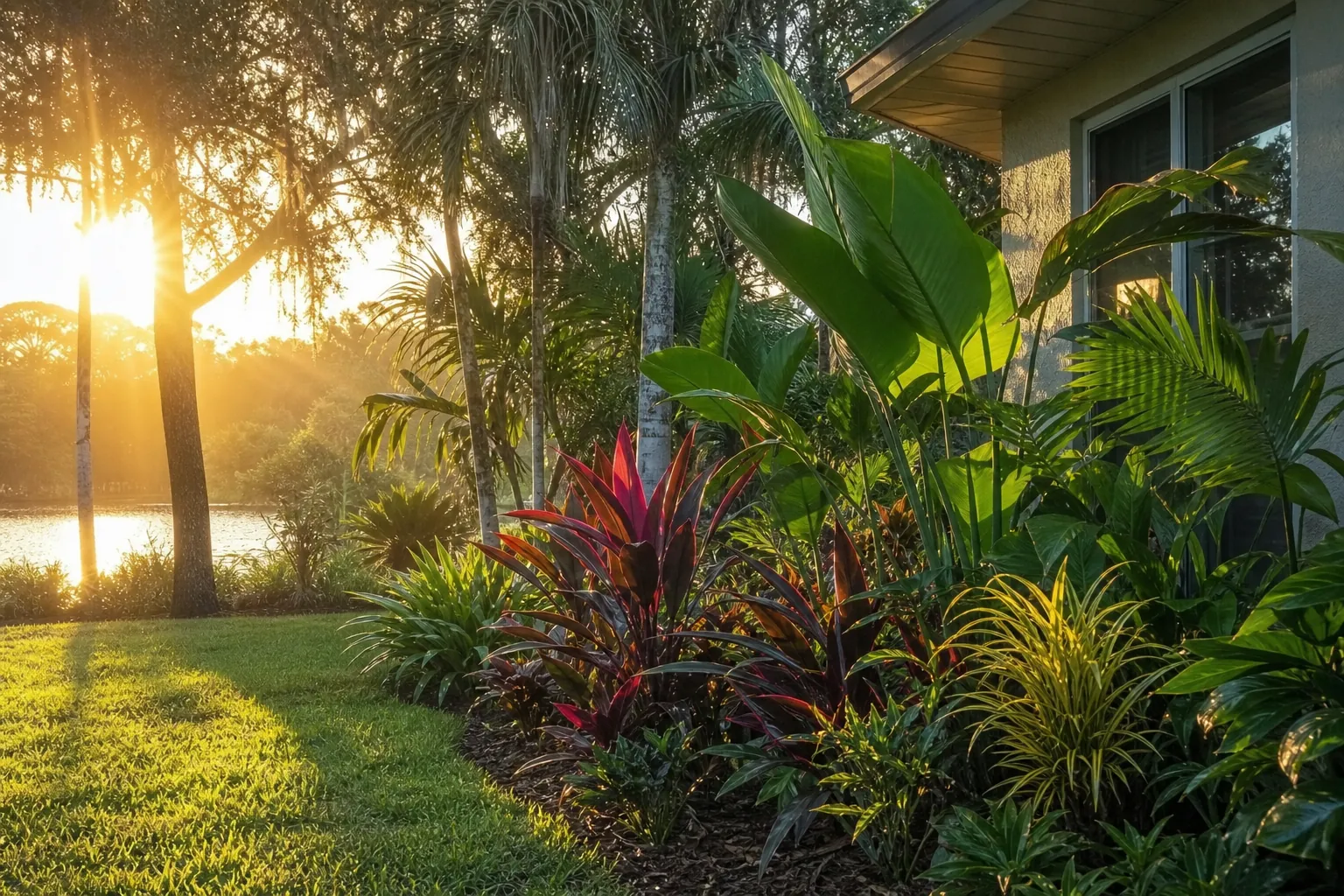 Tropical Florida Garden in Morning Sun Morning sunlight illuminates tropical foliage beside a Florida home, lawn, palm trees, and waterfront.