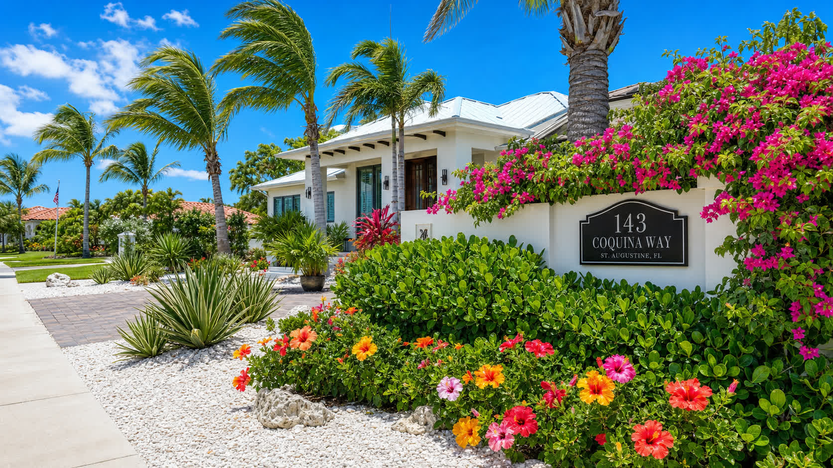 Florida front yard landscape with palms, flowering tropical shrubs, and coquina shell mulch for clean curb appeal | Tropical Yards St Augustine FL