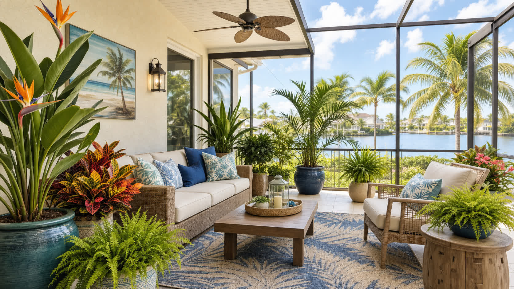 Screened Florida lanai with tropical plants in pots and beds including palms, bird of paradise, and ferns | Tropical Yards St Augustine FL