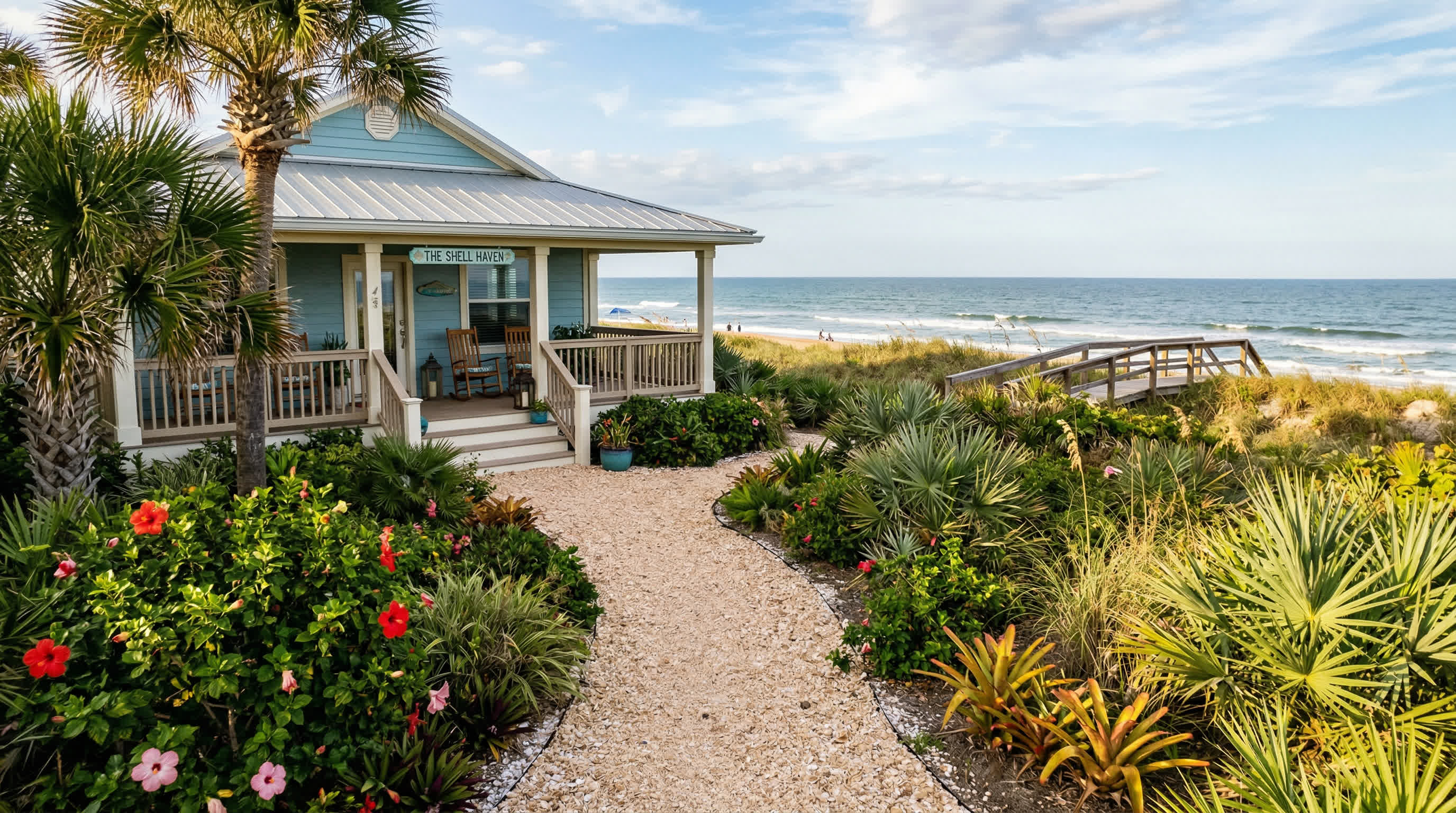 Coquina shell driveway and landscape beds at a Flagler Beach FL coastal home — bulk coquina shell at $145 per yard delivered by Tropical Yards | Salt-resistant ground cover for beach house driveways and beds