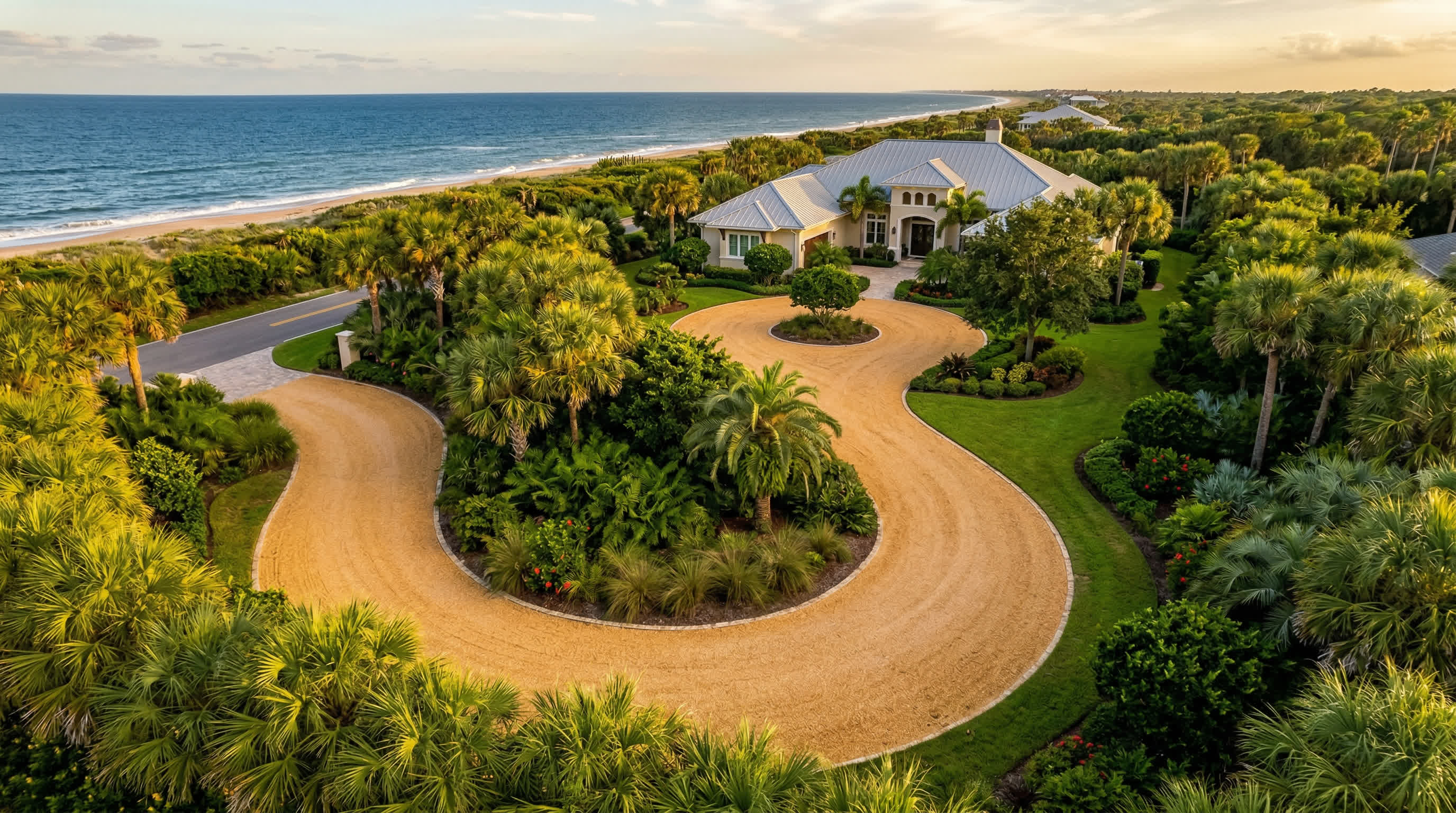 Coquina shell driveway and garden bed installation in Northeast Florida | Tropical Yards St Augustine, FL | Coquina shell $145 per yard delivered