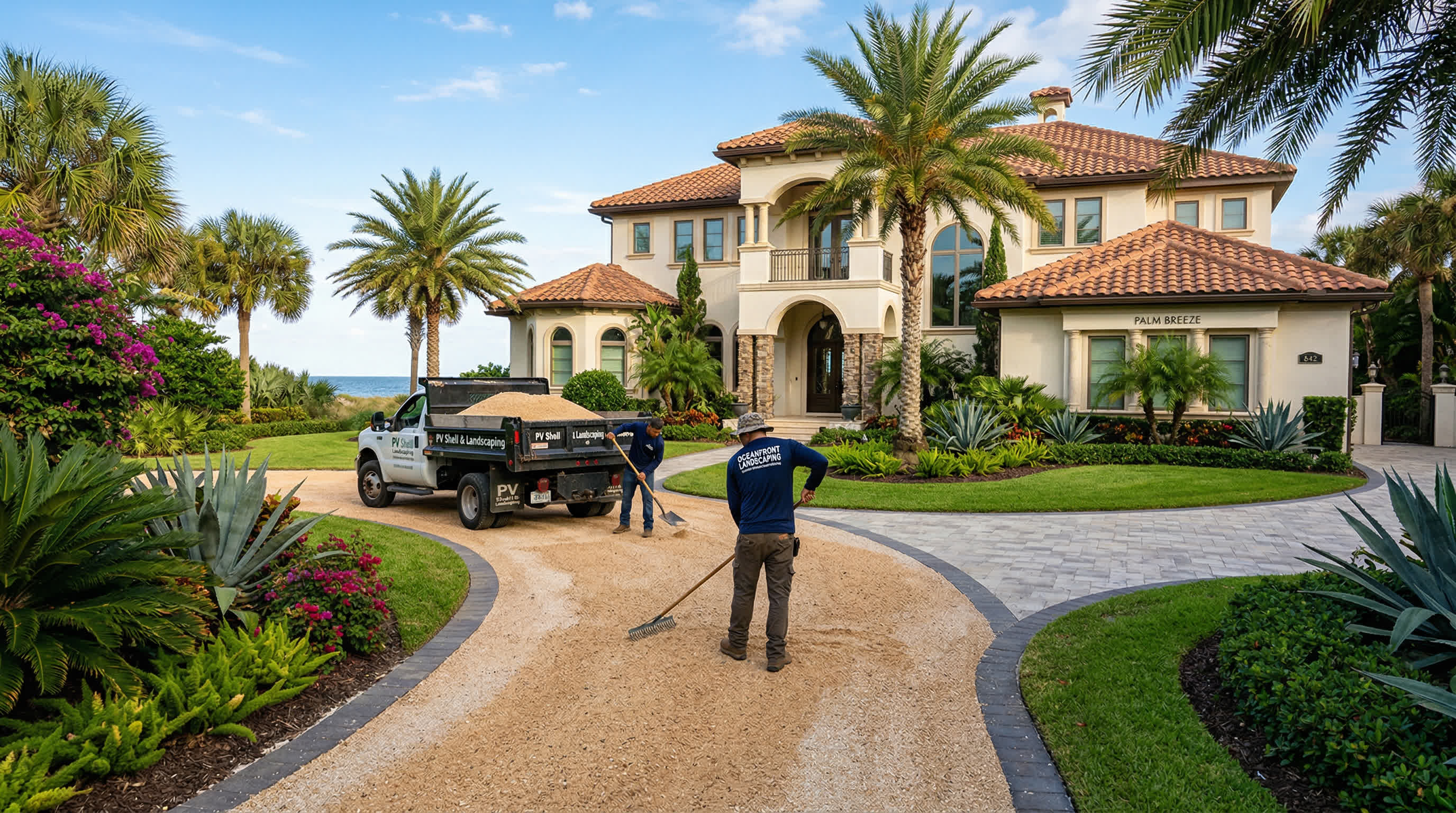 Bulk coquina shell dump trailer delivery to Ponte Vedra Beach FL driveway and landscape beds | Tropical Yards | Best coquina shell prices Sawgrass Marsh Landing Nocatee