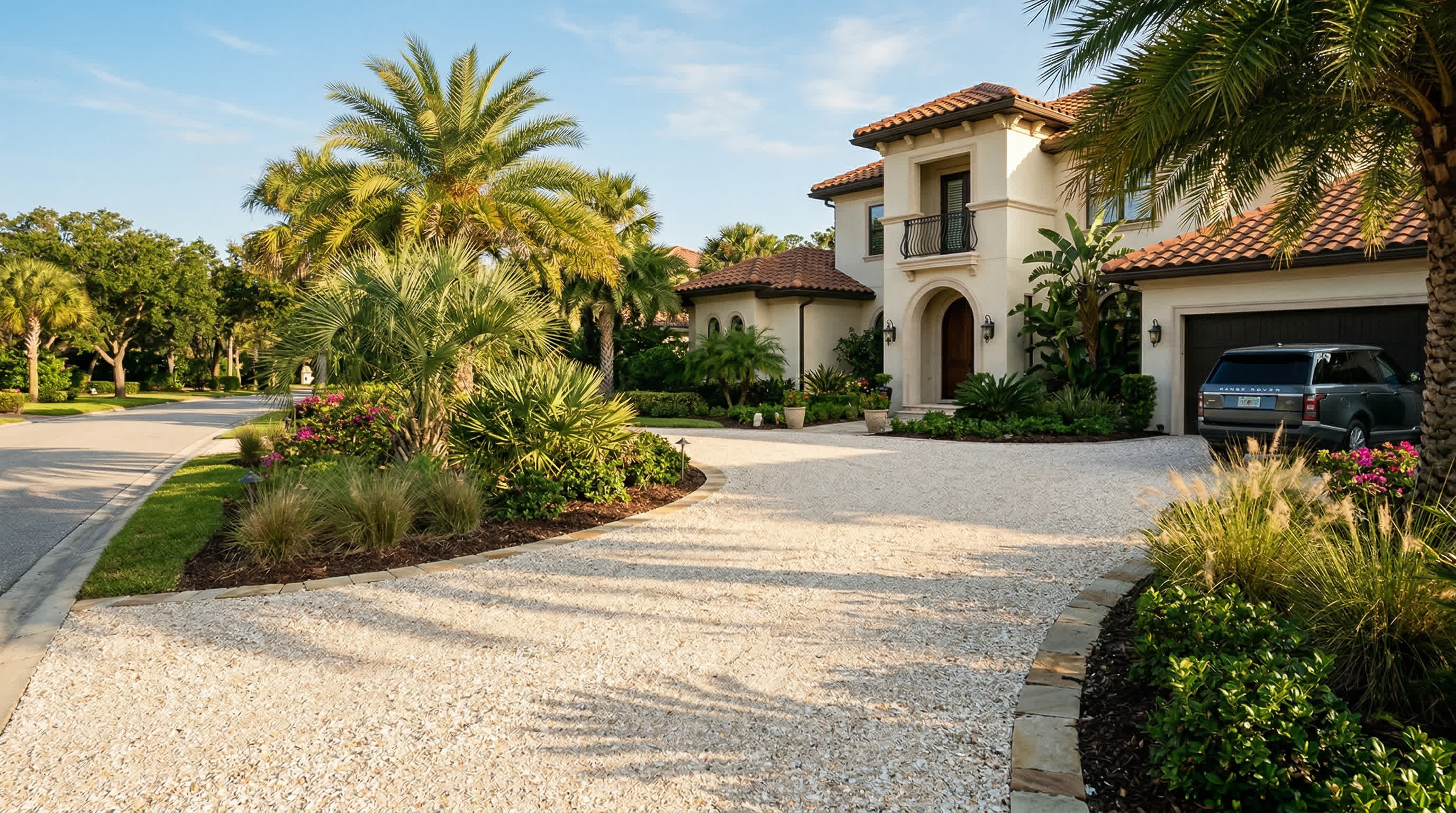 Fresh coquina shell driveway installed on a Northeast Florida coastal home