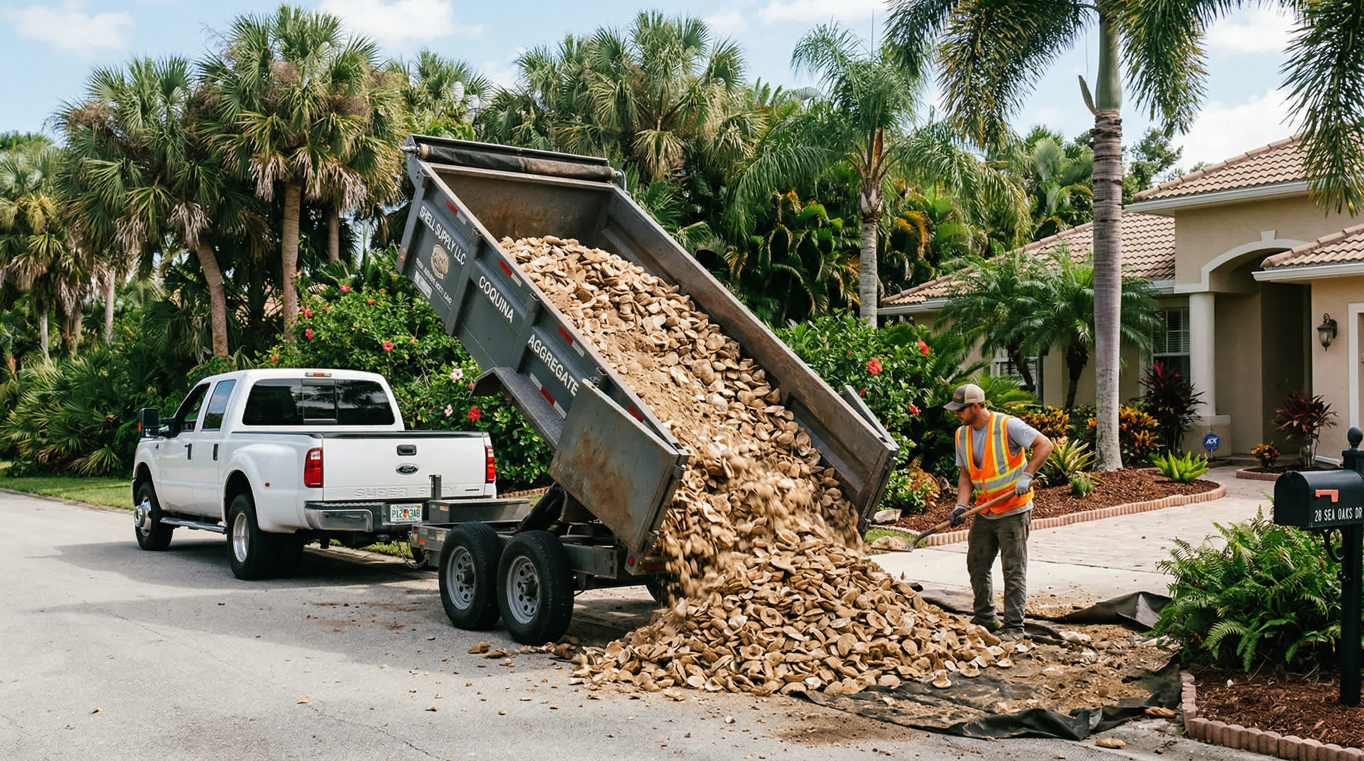 Coquina shell driveway and landscape beds in Palm Coast FL — bulk coquina shell at $145 per yard delivered by Tropical Yards | Coquina shell for driveways, beds, and walkways in Flagler County