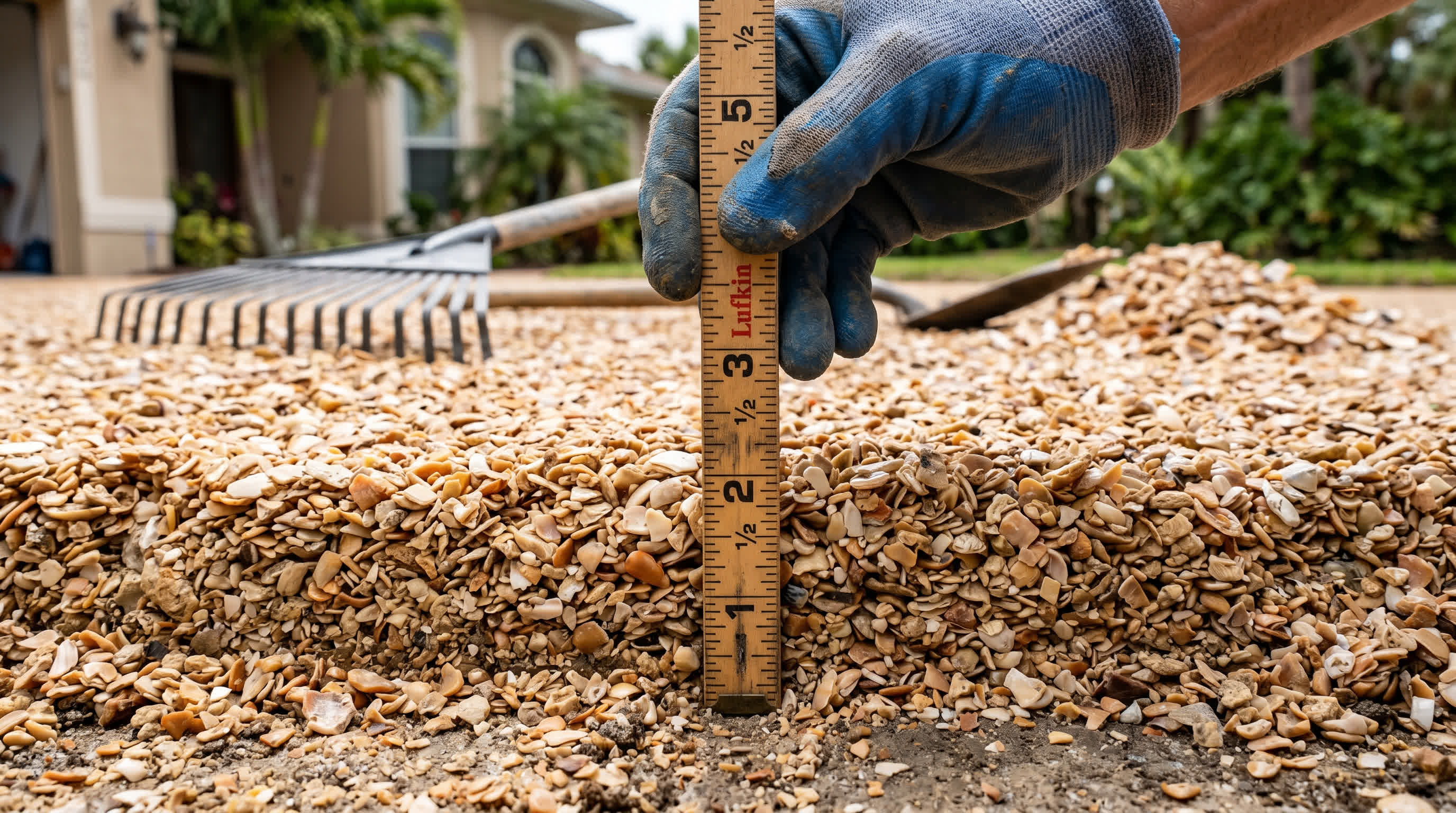 Measuring coquina shell driveway depth with a ruler during installation