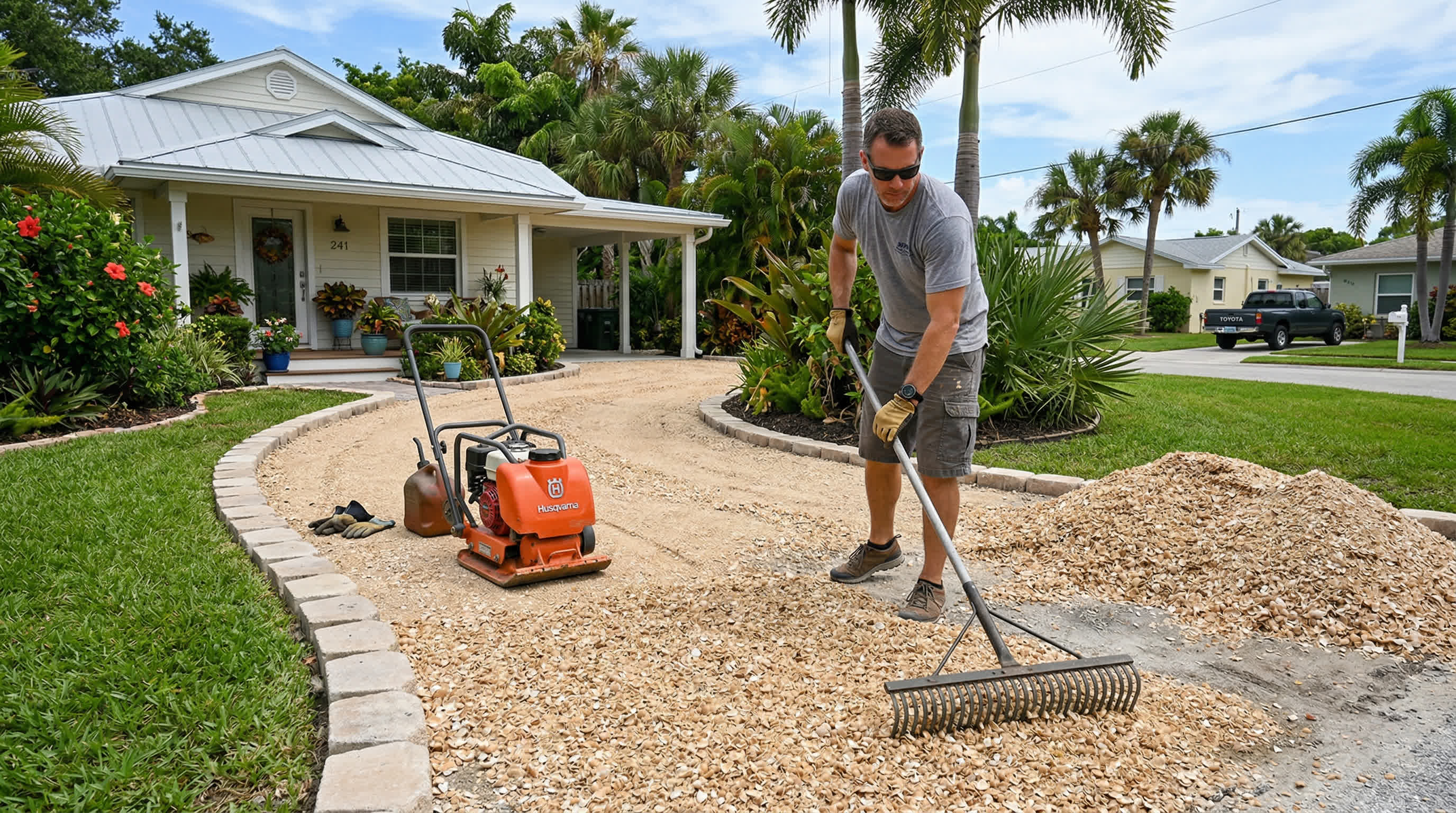 DIY coquina shell driveway installation with edging and compaction equipment