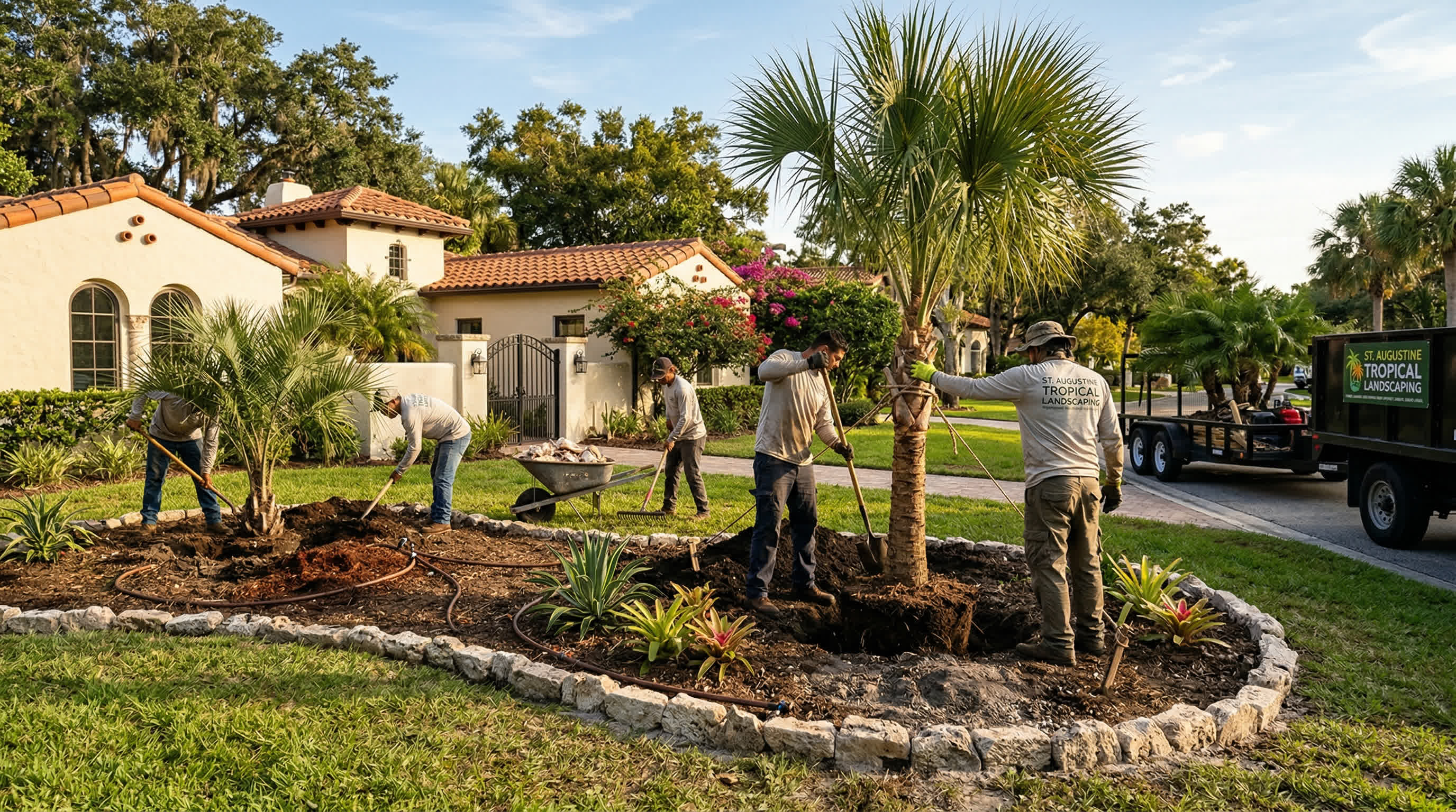Tropical landscaping services in St. Augustine FL with coquina shell, palm trees, and tropical plants | Tropical Yards St Augustine | Landscaping near me St Augustine