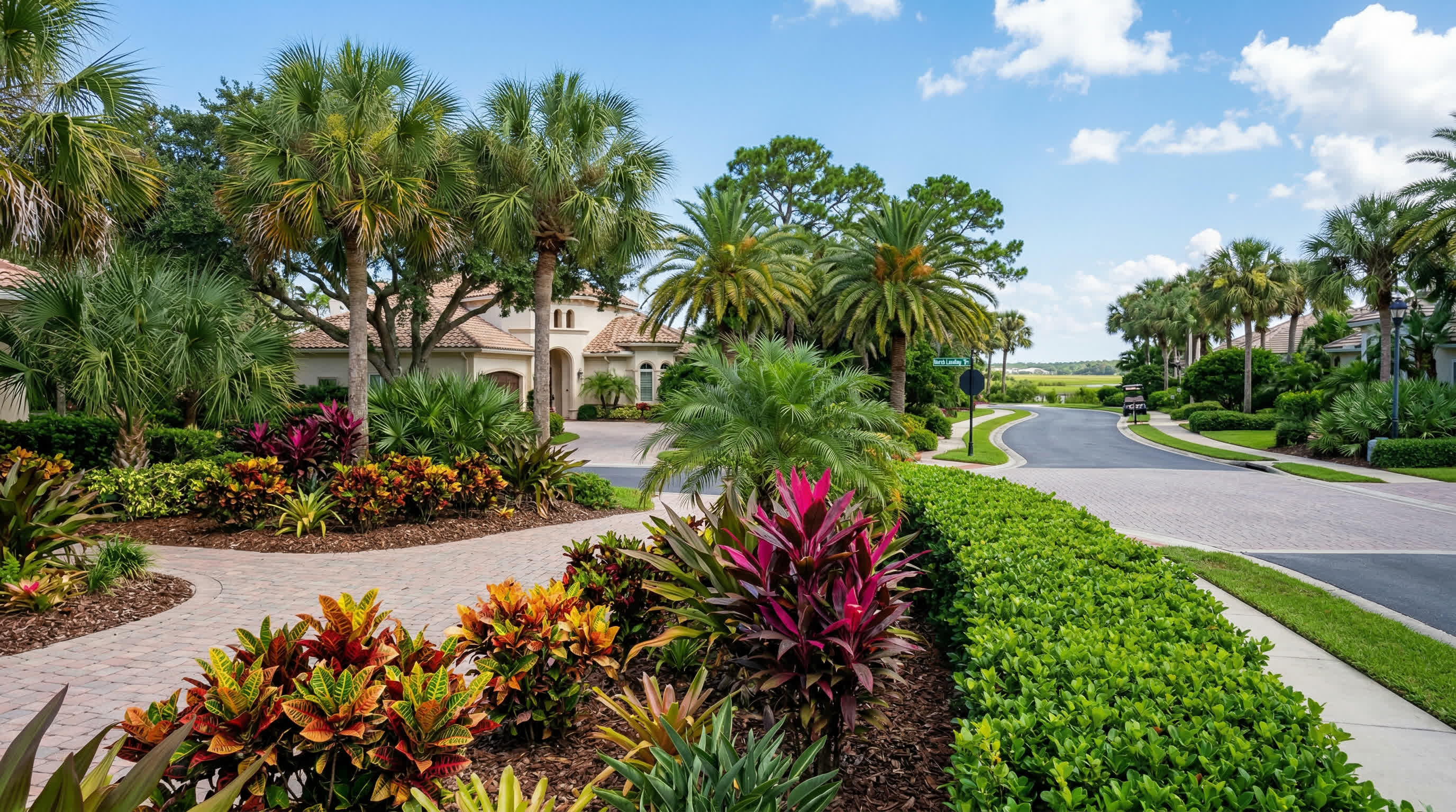 Salt-tolerant tropical plants and palm trees for Marsh Landing waterfront homes in Ponte Vedra | Tropical Yards St Augustine, FL | Best tropical plants and coquina shell in St Augustine