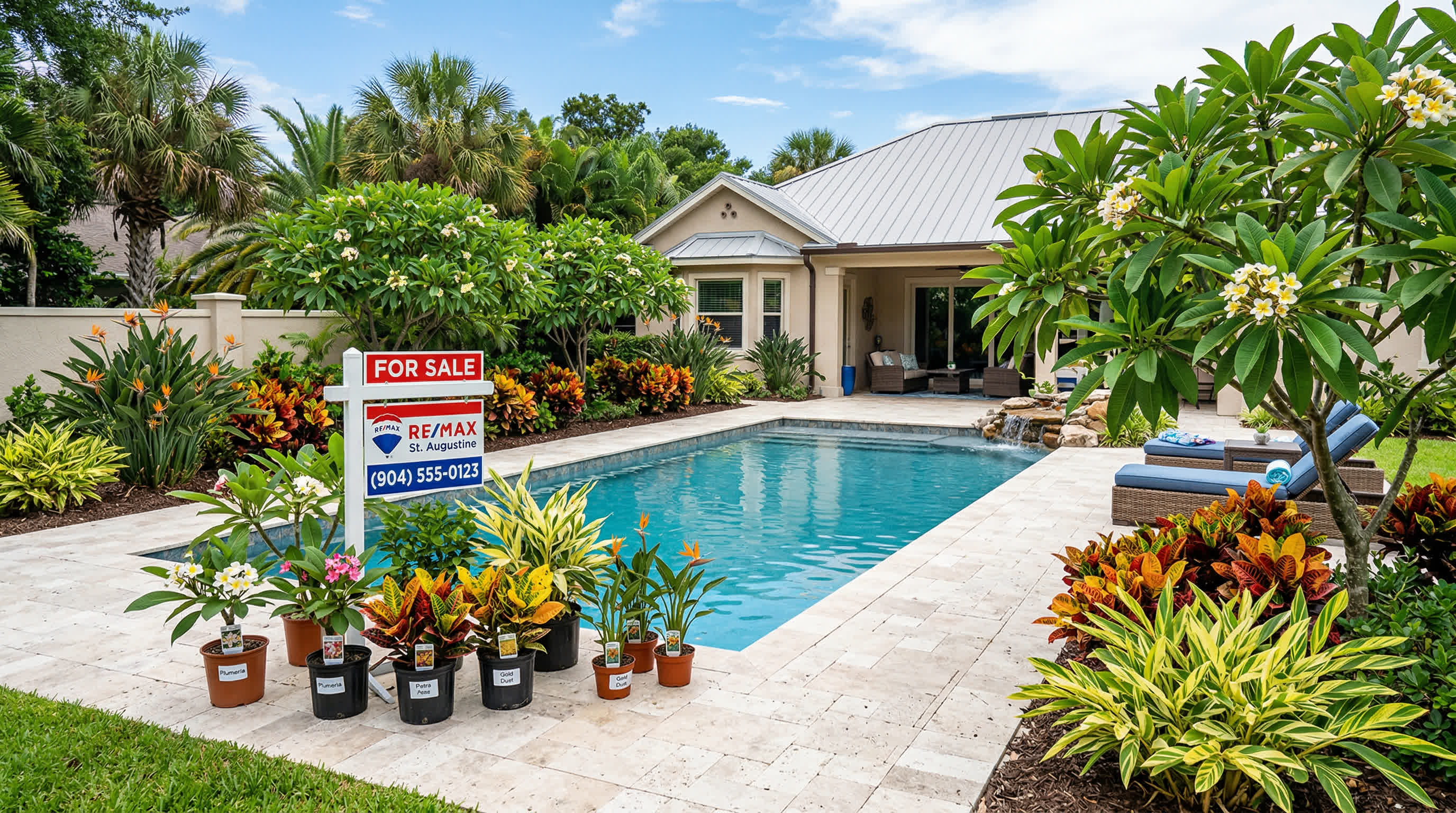 Tropical plants for pool landscaping in St. Augustine FL — foxtail palms, bird of paradise, and hibiscus surrounding a backyard pool
