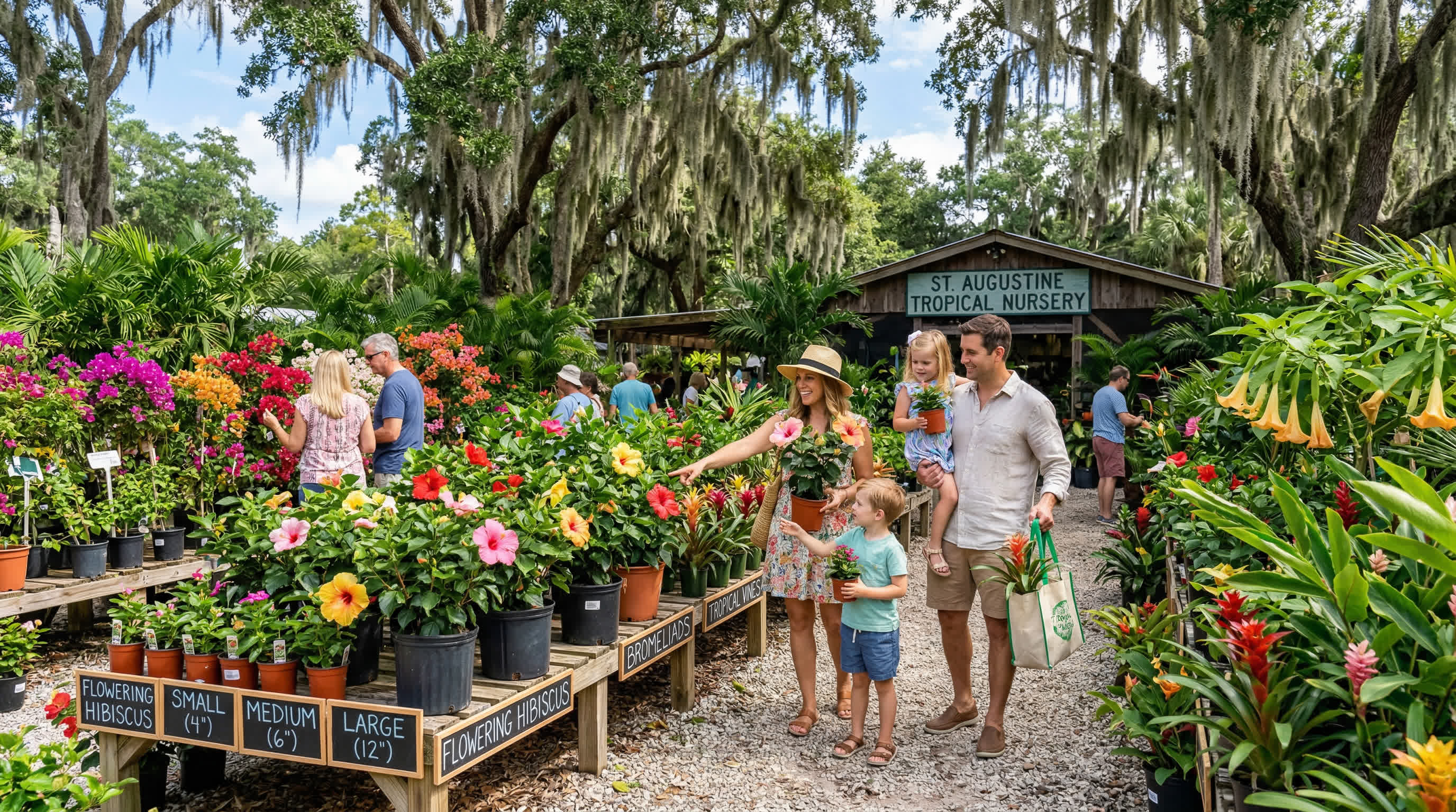 Tropical plants for sale in St. Augustine FL — palms, hibiscus, bougainvillea, and ferns displayed at a local nursery
